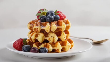 A delicious stack of Belgian waffles topped with fresh strawberries and blueberries on a white plate. - Powered by Adobe