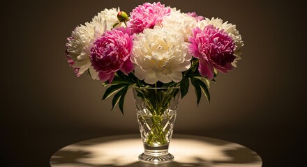Obraz premium 優雅な牡丹の花束 温かい光に照らされ輝く. AI Generated
