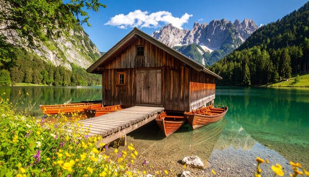 Picturesque wooden boathouse on a tranquil alpine lake with boats reflecting in the crystal clear water and majestic mountains