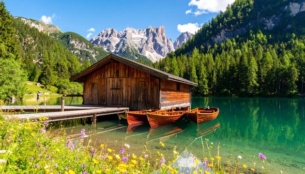 Tranquil escape to a pristine mountain lake with a charming wooden boathouse, boats, and vibrant summer flora - Powered by Adobe