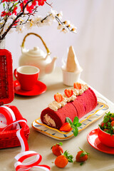 still life roll cake in red and white concept