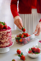 still life a whole cake in red and white concept