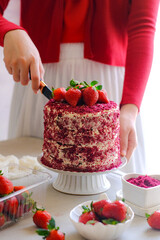still life a whole cake in red and white concept