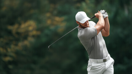 Golfer swinging golf club on course during tournament