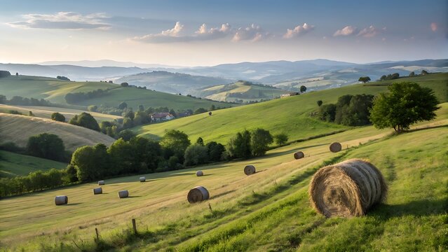 Rolling green hills with hay bales under a soft blue sky at sunrise