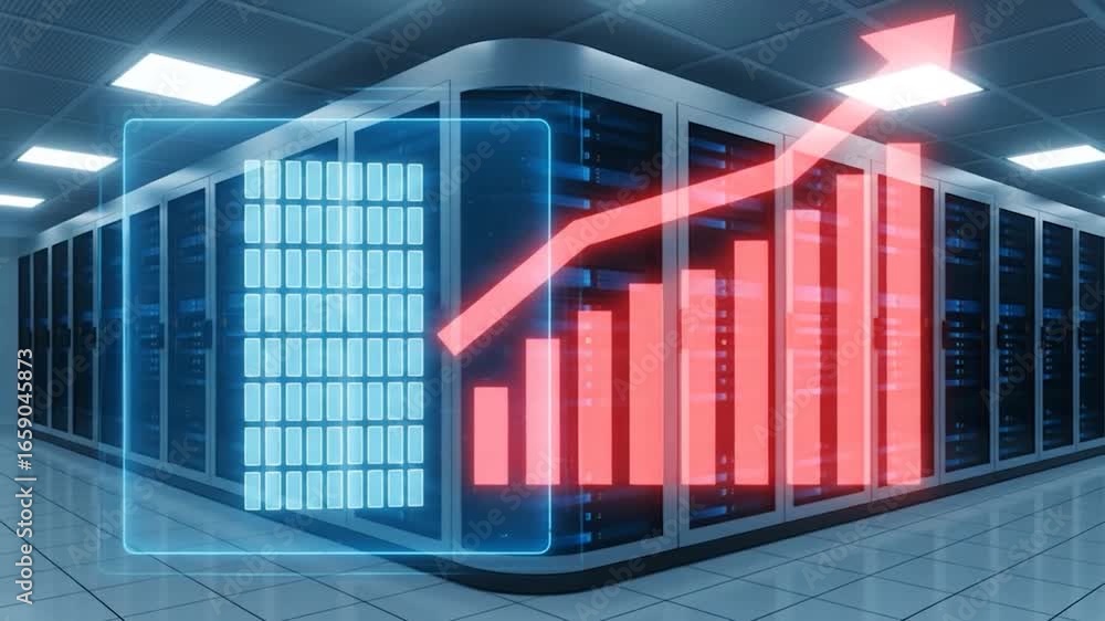 Aufkleber data center growth: servers with rising bar graph and arrow animation