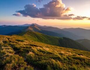 Beautiful landscape with wide grasslands, majestic mountains, and glowing sunset