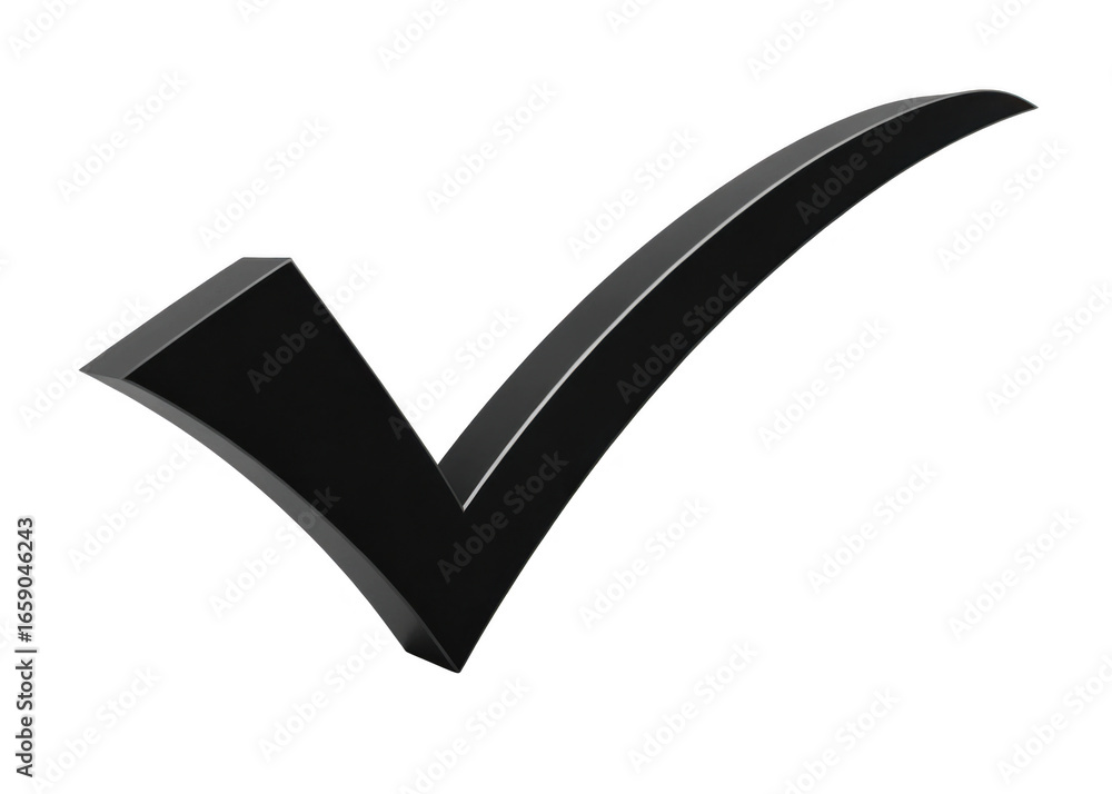 Poster a glossy black checkmark symbol with subtle shading isolated on transparent background