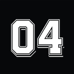 04 Classic Vintage Sport Jersey Uniform numbers in black with a black outside contour line number on white background for American football, Baseball and Basketball or soccer for shirt