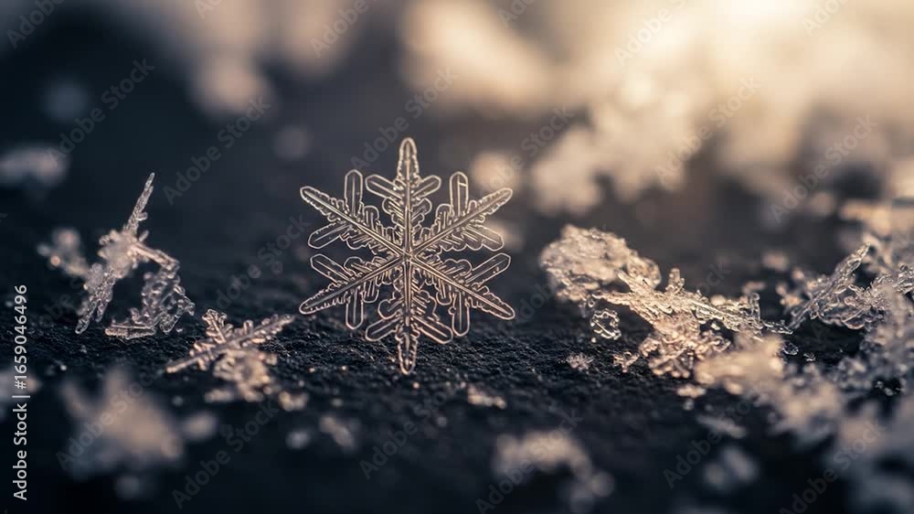 Poster detailed snowflake macro shot on dark surface with bokeh background