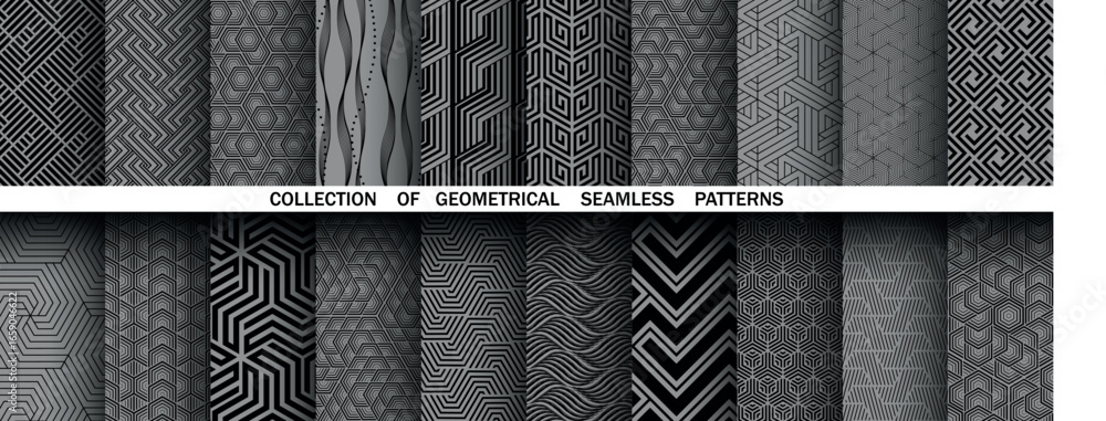 Poster geometric set of seamless black and gray patterns. simple vector graphics