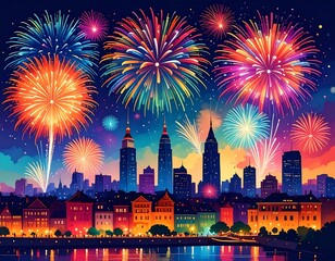 Naklejka premium Vibrant Cityscape with Bursting Fireworks Display Celebration Illustration