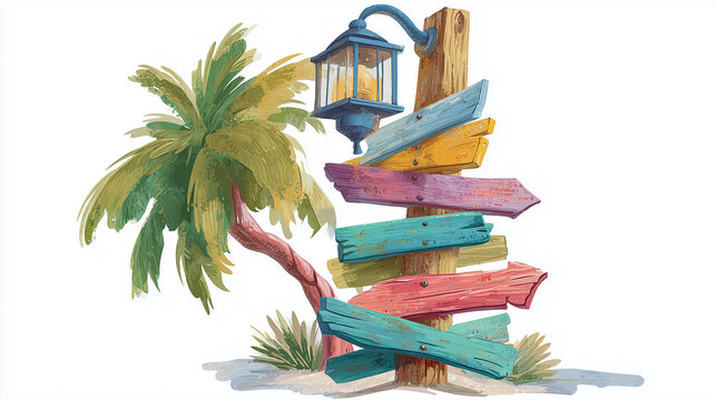Colorful signpost showing multiple directions near palm tree and lamppost