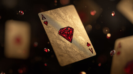 Golden ace of diamonds playing card falling with rubies on black background