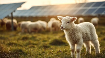 Obraz premium Group of young lambs grazing on lush green pasture with a rustic barn in the background under a cloudy sky