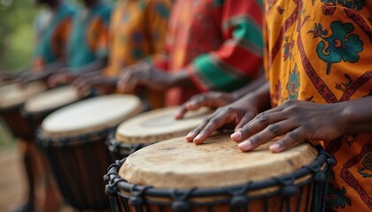 Musicians play traditional African drums. Close-up on hands striking djembe drums with vibrant, patterned clothing. Rhythm, culture, and soulful music are evident in this ethnic performance.
