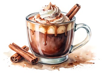 Watercolor Illustration of Hot Chocolate with Whipped Cream and Cinnamon Sticks on White