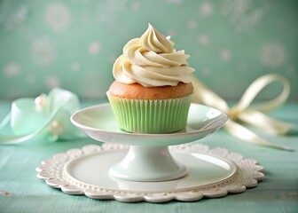 Delicious Vanilla Cupcake with Swirled Frosting on Elegant Pedestal Stand for Celebration