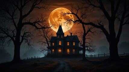 halloween night scene with castle