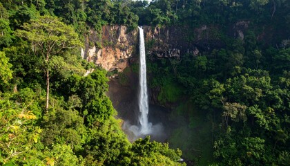 Majestic waterfall surrounded by lush green forest and rocky cliffs.
