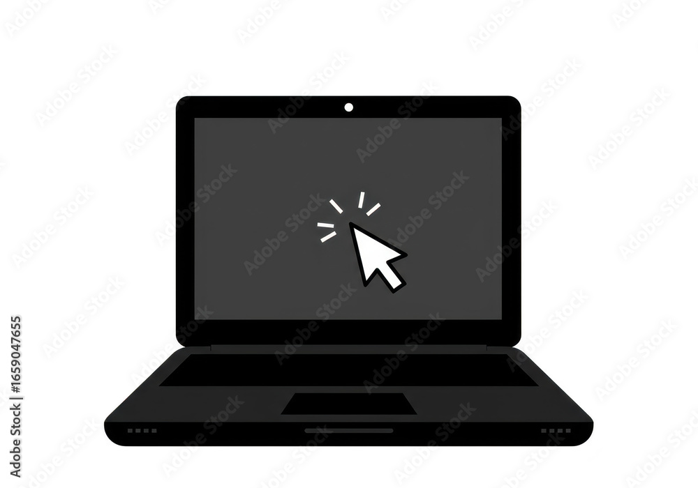 Poster black laptop computer with a cursor clicking on the screen, isolated on transparent background
