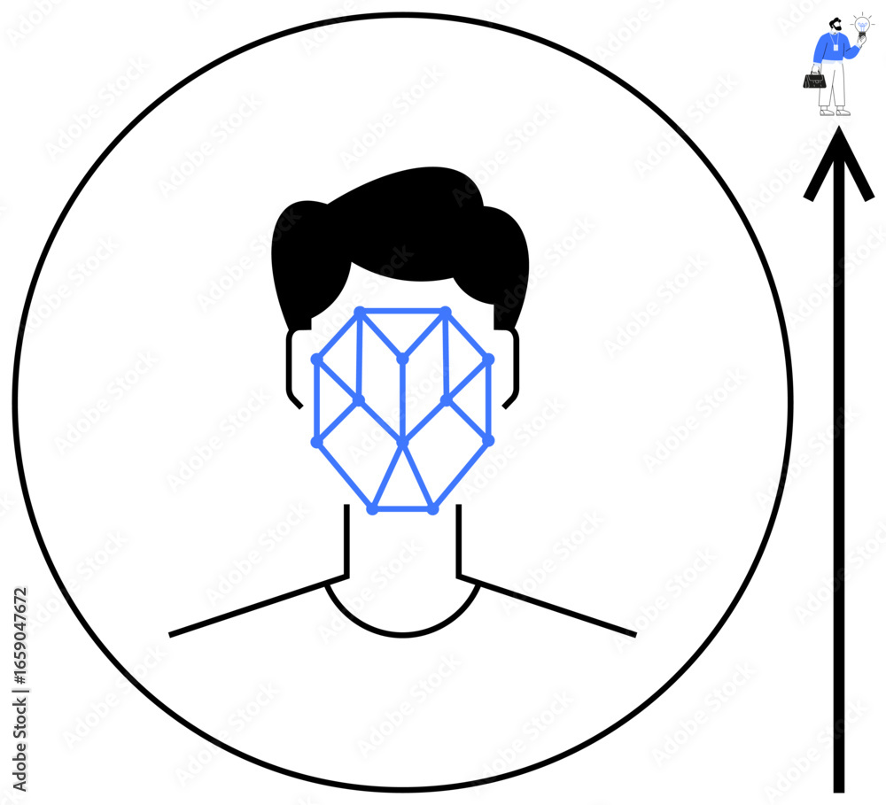 Poster face outlined with geometric pattern inside a circle, small person with upward arrow. ideal for ai, 