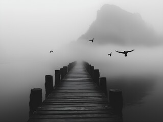 Obraz premium a pier, with details, the sky and the fog, good style, creating a beautiful image.