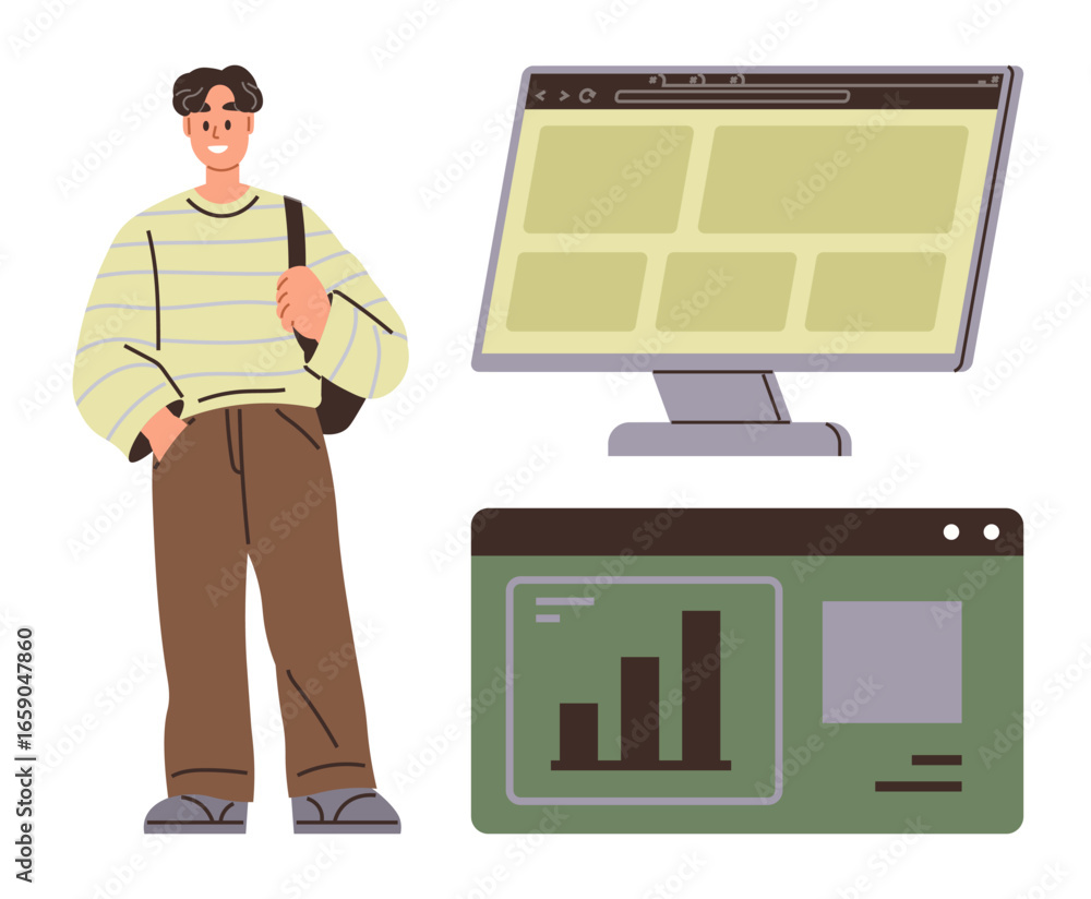 Poster man with a striped sweater stands near a computer monitor and a data chart interface. ideal for conc
