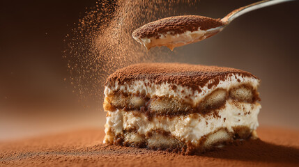 Spoon sprinkling cocoa powder on tiramisu dessert