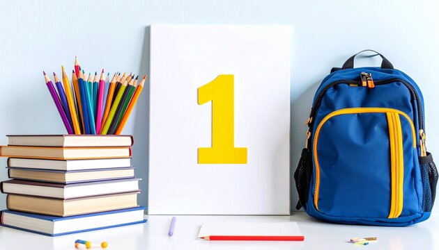 Back to school concept for the first grade with a blue backpack, stack of books, and colored pencils on a desk