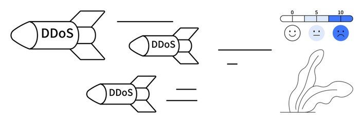 DDoS missiles targeting a system, with a performance scale marking increased disruption. Ideal for cybersecurity, network threats, IT risk, digital defense, system load, cybersecurity awareness