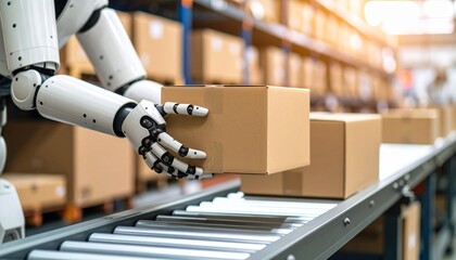 A robot arm picks up a cardboard box from a conveyor belt in a modern warehouse setting, with shelves full of boxes in the background.