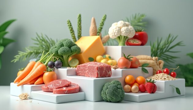 Vibrant assortment of global foods arranged on white steps. Features fresh produce like carrots, broccoli, tomatoes, strawberries, cheese, raw meat. Culinary data visualization represents healthy - Powered by Adobe