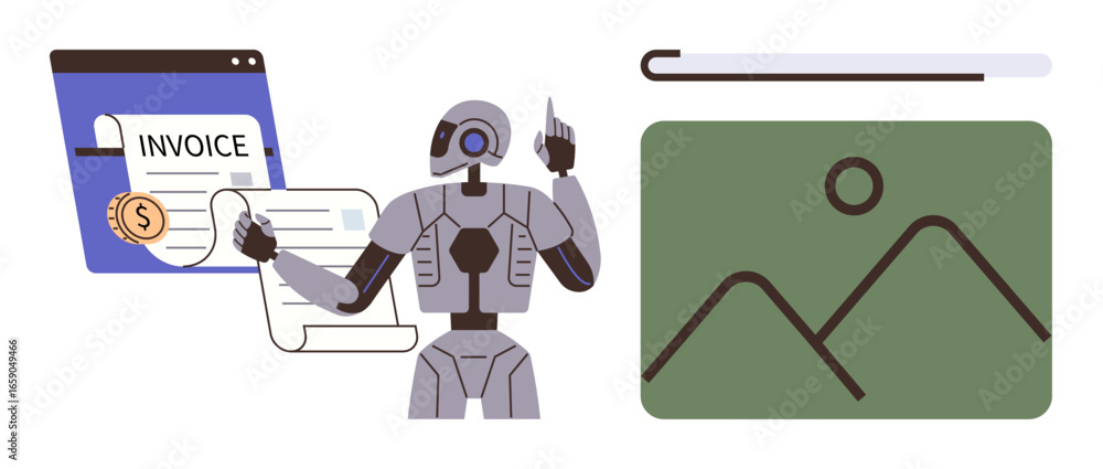 Poster robot managing invoice data from digital interface, pointing at file icon. ideal for automation, acc