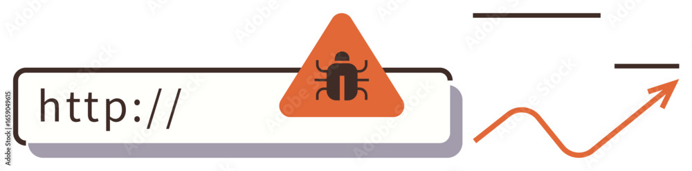 Poster malware warning with bug inside triangular caution sign over url bar. ideal for cybersecurity, onlin
