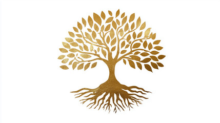 Golden tree of life growing with deep roots on white background