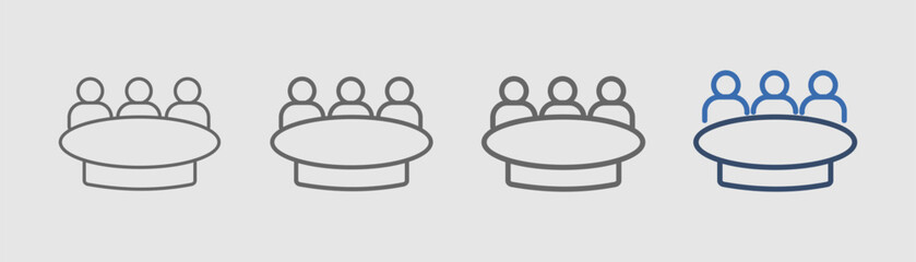 
outline icon set round table with round table symbol and three people