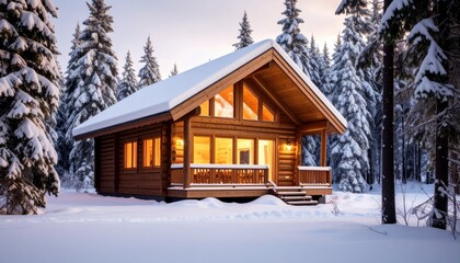 wooden cabin surrounded by snowy forest 