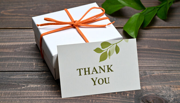 Gift of Gratitude: An elegantly presented gift box, tied with an orange ribbon, sits beside a heartfelt Thank You card. Complemented by fresh greenery.
