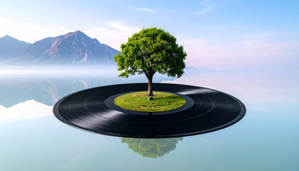 Harmony of Nature and Sound: A captivating image showcases a vibrant green tree thriving atop a vintage vinyl record, floating serenely on calm waters, with a stunning mountain range in the backdrop.