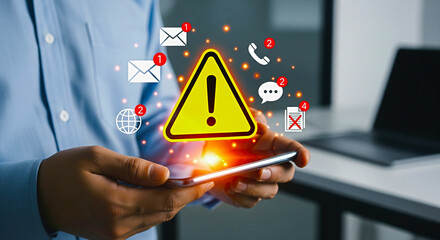Alert message on smartphone with warning sign, notifications, and urgent communication