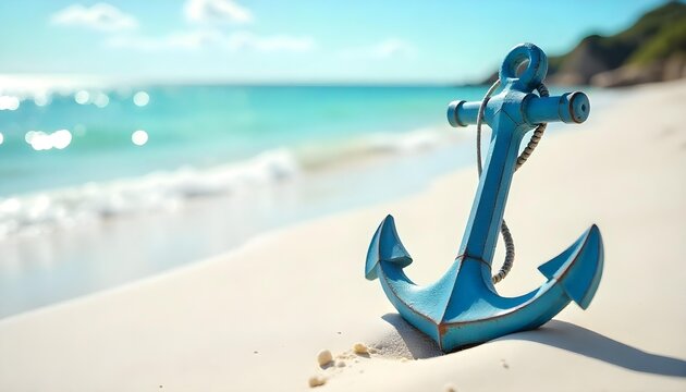 An anchor positioned on the shore, with the ocean in the background, evoking themes of shipping and nautical exploration - Powered by Adobe