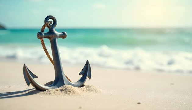 An anchor on the beach with the ocean waves gently rolling in the background, symbolizing maritime themes and global trade