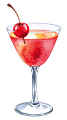 Watercolor Illustration of Classic Manhattan Cocktail with Whiskey and Cherry