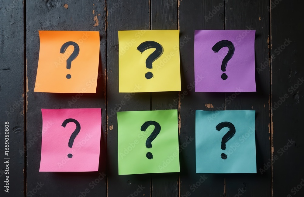 Poster brightly colored sticky notes featuring large question marks affixed to rustic wooden background. vi