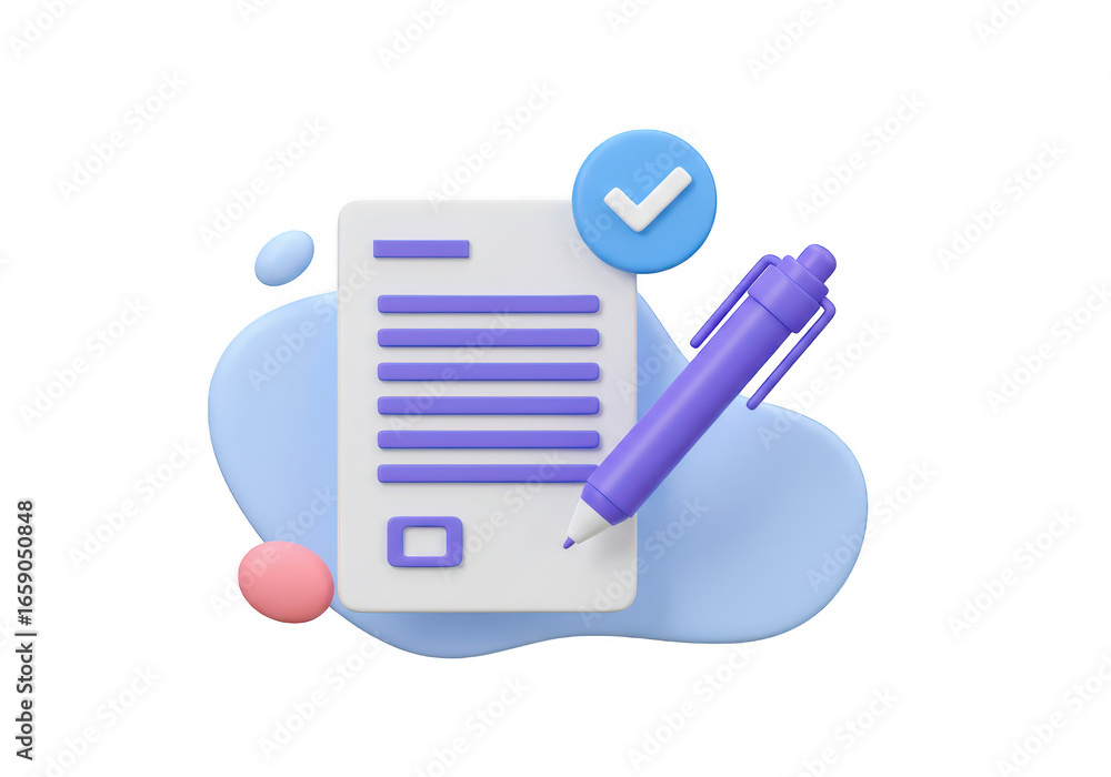 Poster 3d illustration of a document with a pen and a checkmark, symbolizing completion and approval, isola