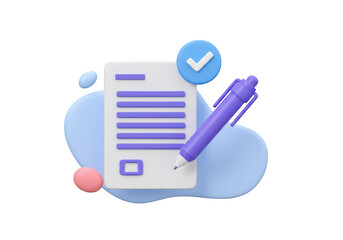 3d illustration of a document with a pen and a checkmark, symbolizing completion and approval, isolated on transparent background