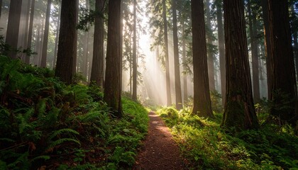 A tranquil path winding through an ancient redwood forest with morning sunbeams filtering through the misty canopy
