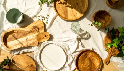 Overhead shot of assorted kitchen utensils spread on a dining table, napkins and plates included, ready for food preparation, bright natural sunlight