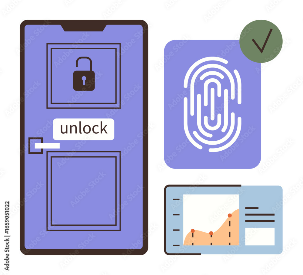 Poster door with a lock, fingerprint scan, data chart, and approval checkmark. ideal for security, technolo